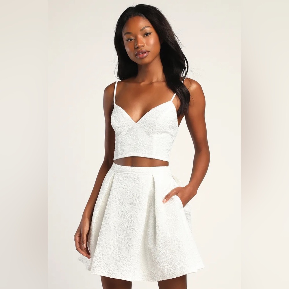NWT Lulus White Jacquard Two-Piece Mini Dress with Pockets - Size XL